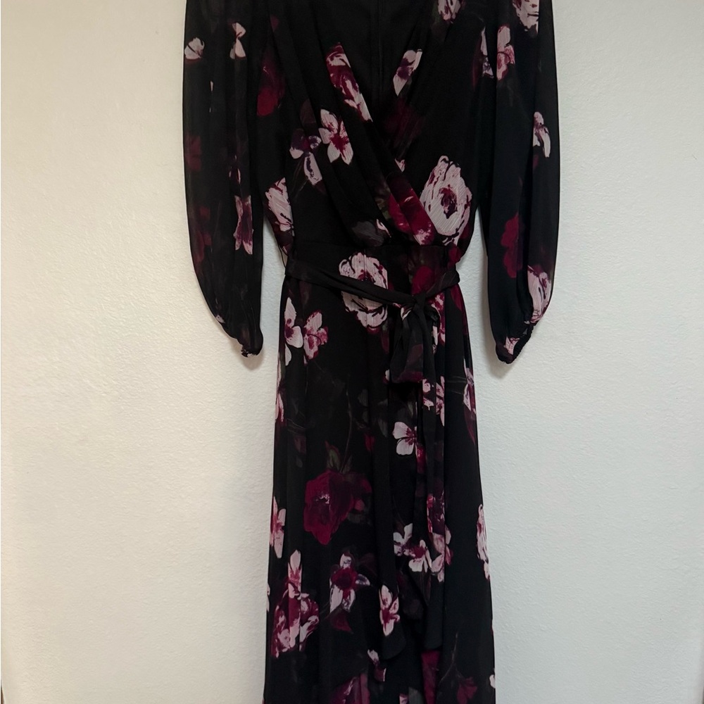 DKNY Black Long Sleeve Floral Wrap Dress with Pink and Burgundy Flowers
